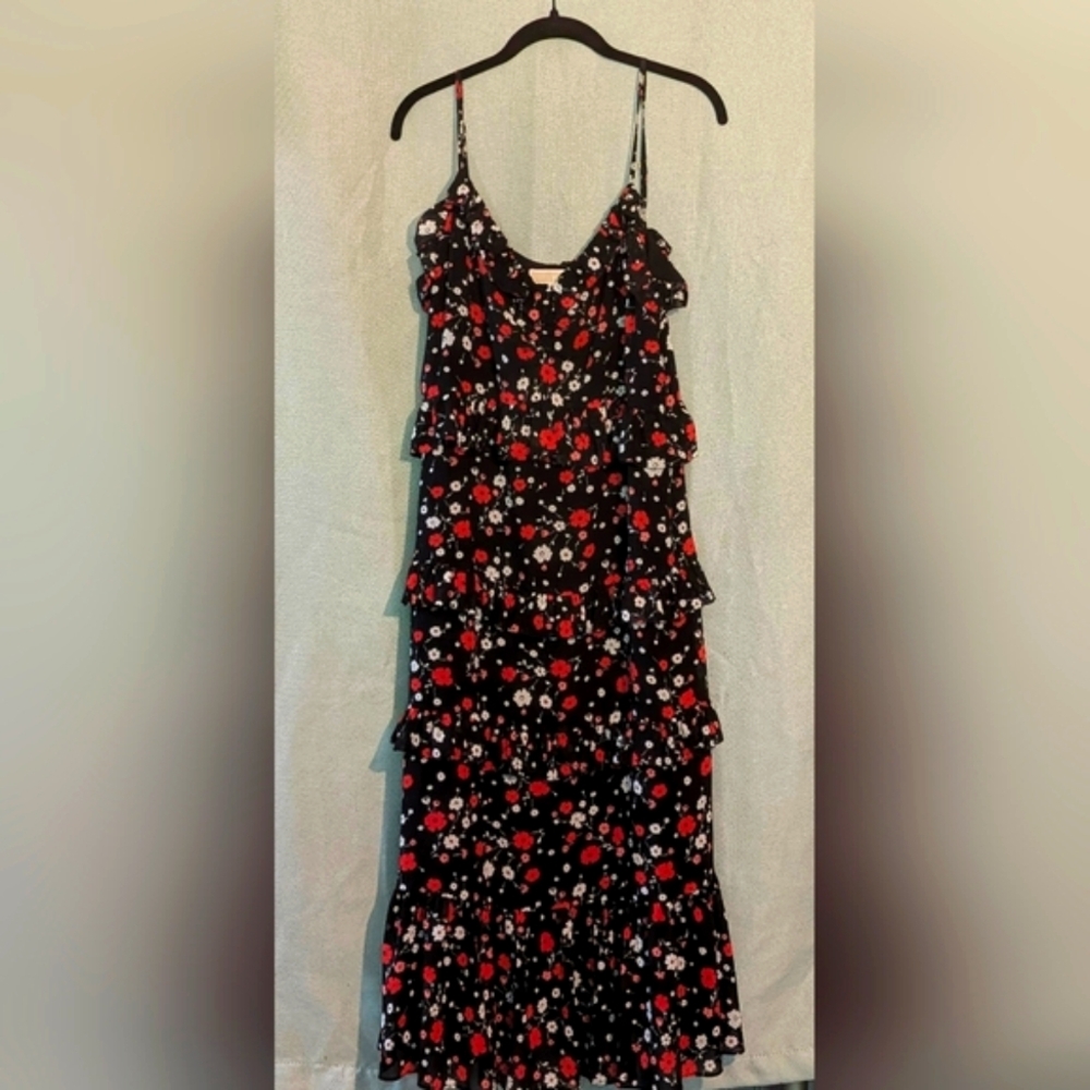 Michael by Michael Kors Black and Red Floral Strappy Tiered Dress